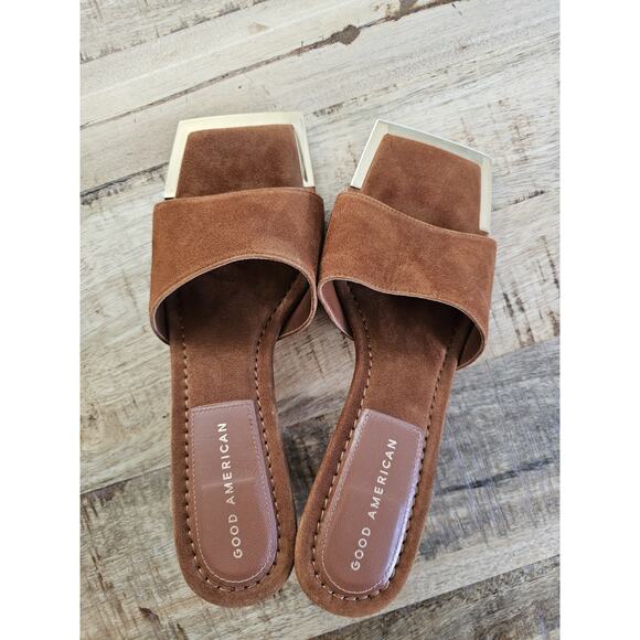 Good American THE STANDOUT Square Toe Mule Sandal Suede Tobacco Size 7 - Picture 4 of 11